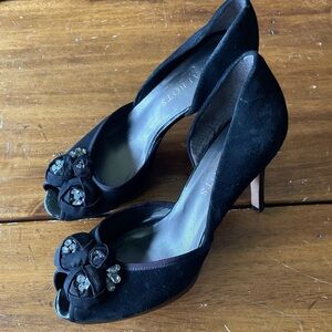 TALBOTS black Suede D'orsay Peeptoe rhinestone ribbon cocktail platform Heels 6